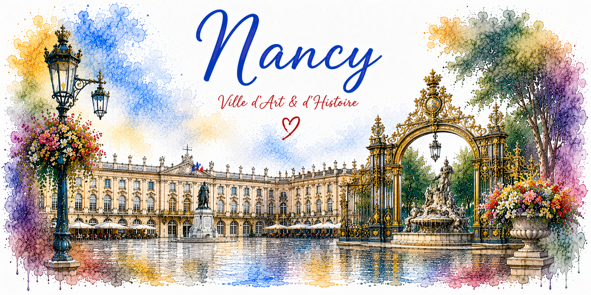 Design du mug Nancy : place Stanislas, grilles d'or de Jean Lamour et fontaine, texte « Ville d'Art & d'Histoire »