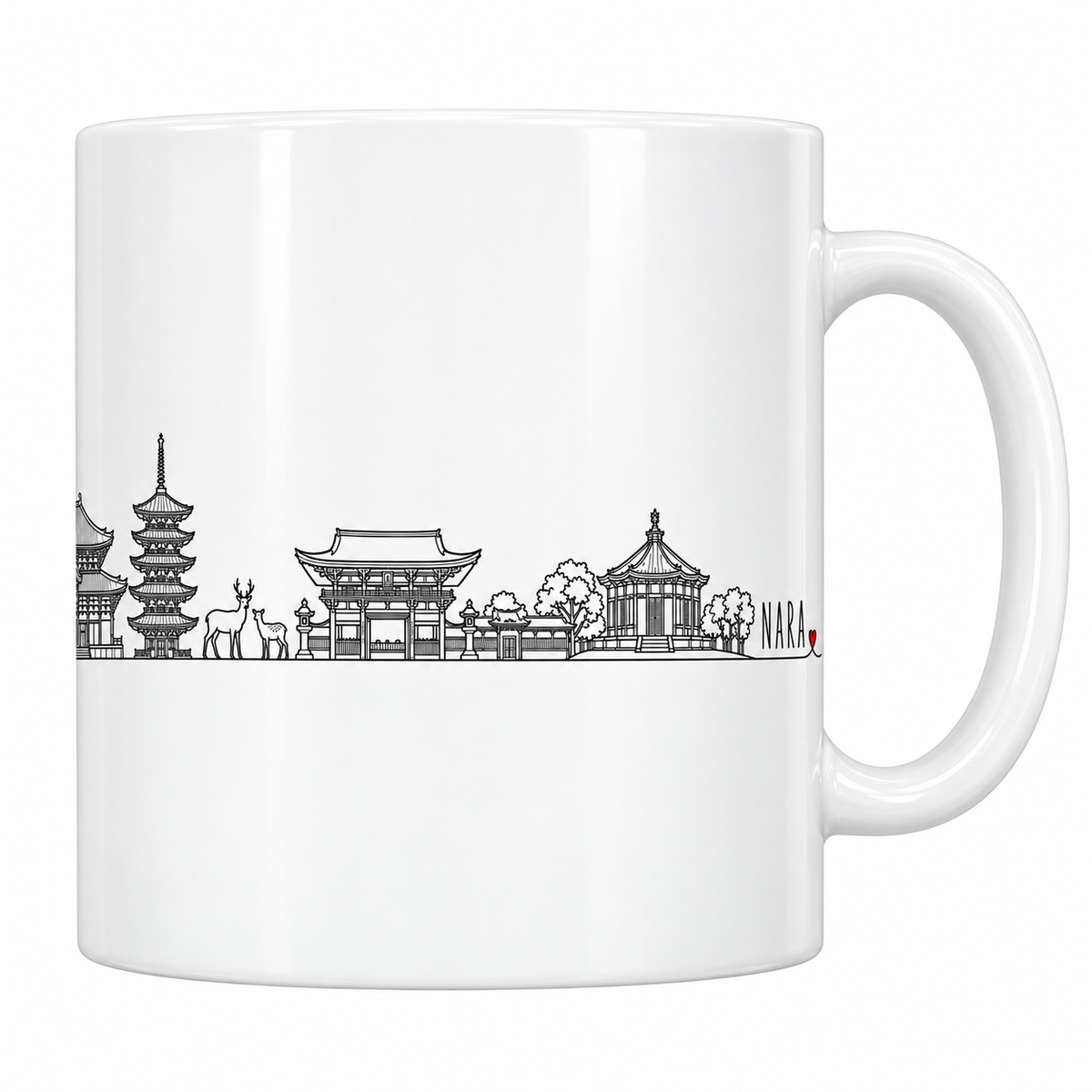 Mug blanc en céramique 330 ml illustré du skyline de Nara au trait noir : le grand pavillon de bois à double toit courbe, la pagode à cinq étages, un cerf et une biche et le pavillon octogonal