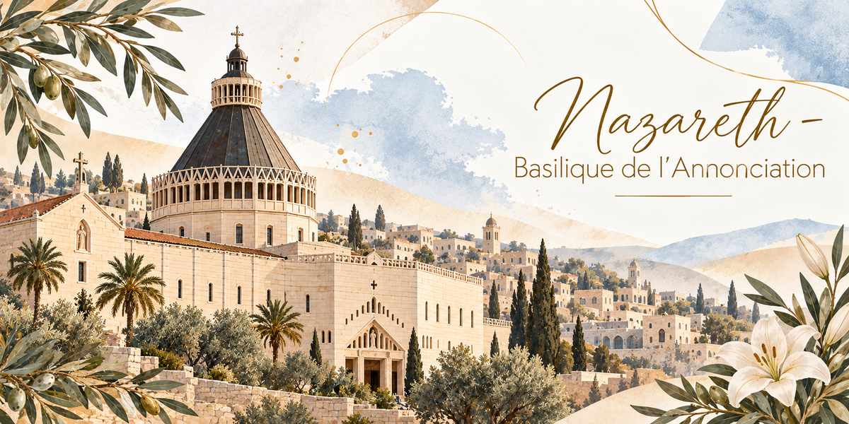 Visuel aquarellé de la basilique de l'Annonciation à Nazareth, sa grande coupole conique sombre et nervurée surmontée d'une lanterne, ses murs de pierre claire percés de hautes baies et son campanile à la croix, les palmiers et les cyprès du parvis, les maisons blanches de la ville étagées autour, les collines de Galilée à l'horizon, des lys blancs et des feuillages d'olivier en bordure et le titre Nazareth - Basilique de l'Annonciation en lettres dorées