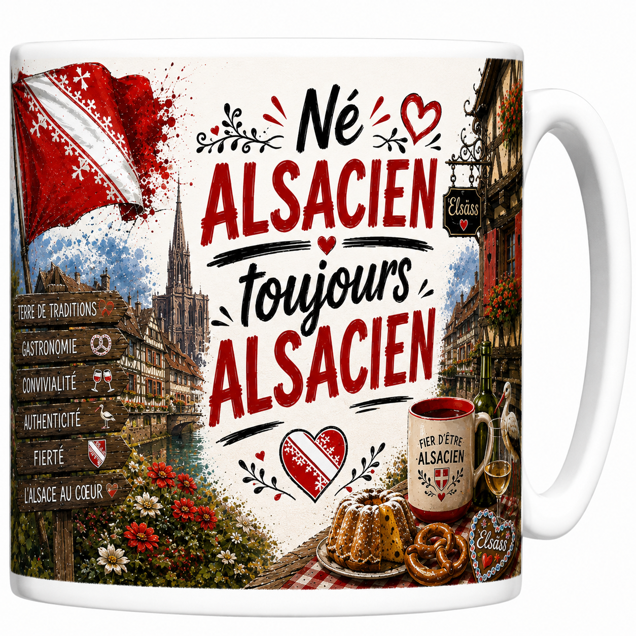 Mug Né Alsacien toujours Alsacien en céramique, colombages, cigogne et cœur alsacien