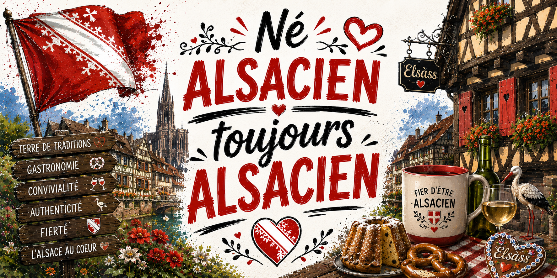 Visuel Né Alsacien toujours Alsacien : maisons à colombages, mug Fier d'être Alsacien et cœur Elsàss