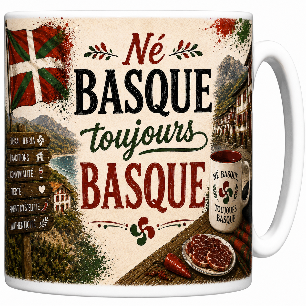 Mug Né Basque toujours Basque en céramique, ikurriña, lauburu et village labourdin
