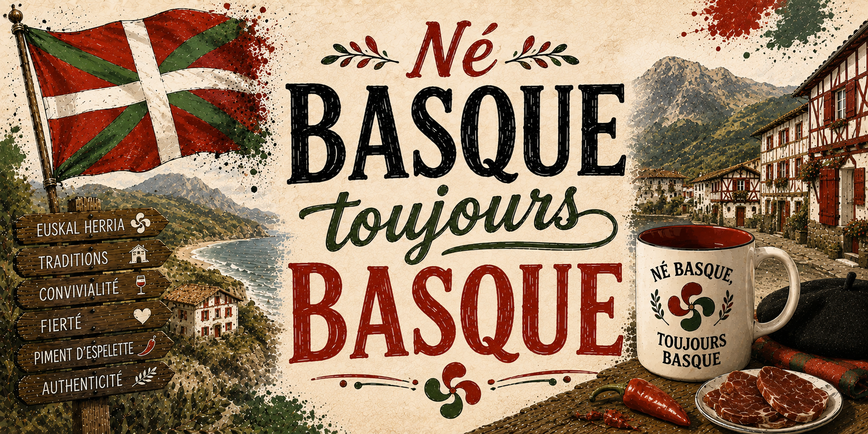 Visuel Né Basque toujours Basque : montagnes, maisons à colombages rouges, piment, béret et charcuterie