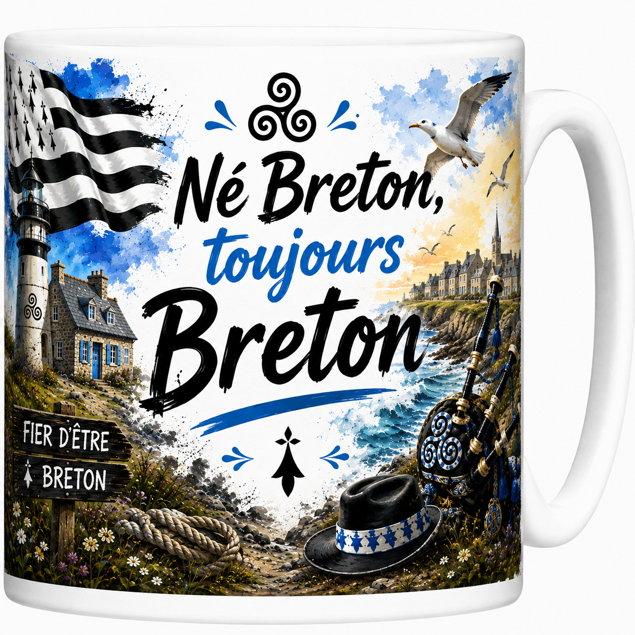 Mug Né Breton toujours Breton en céramique, phare, maison en granit et cornemuse imprimés