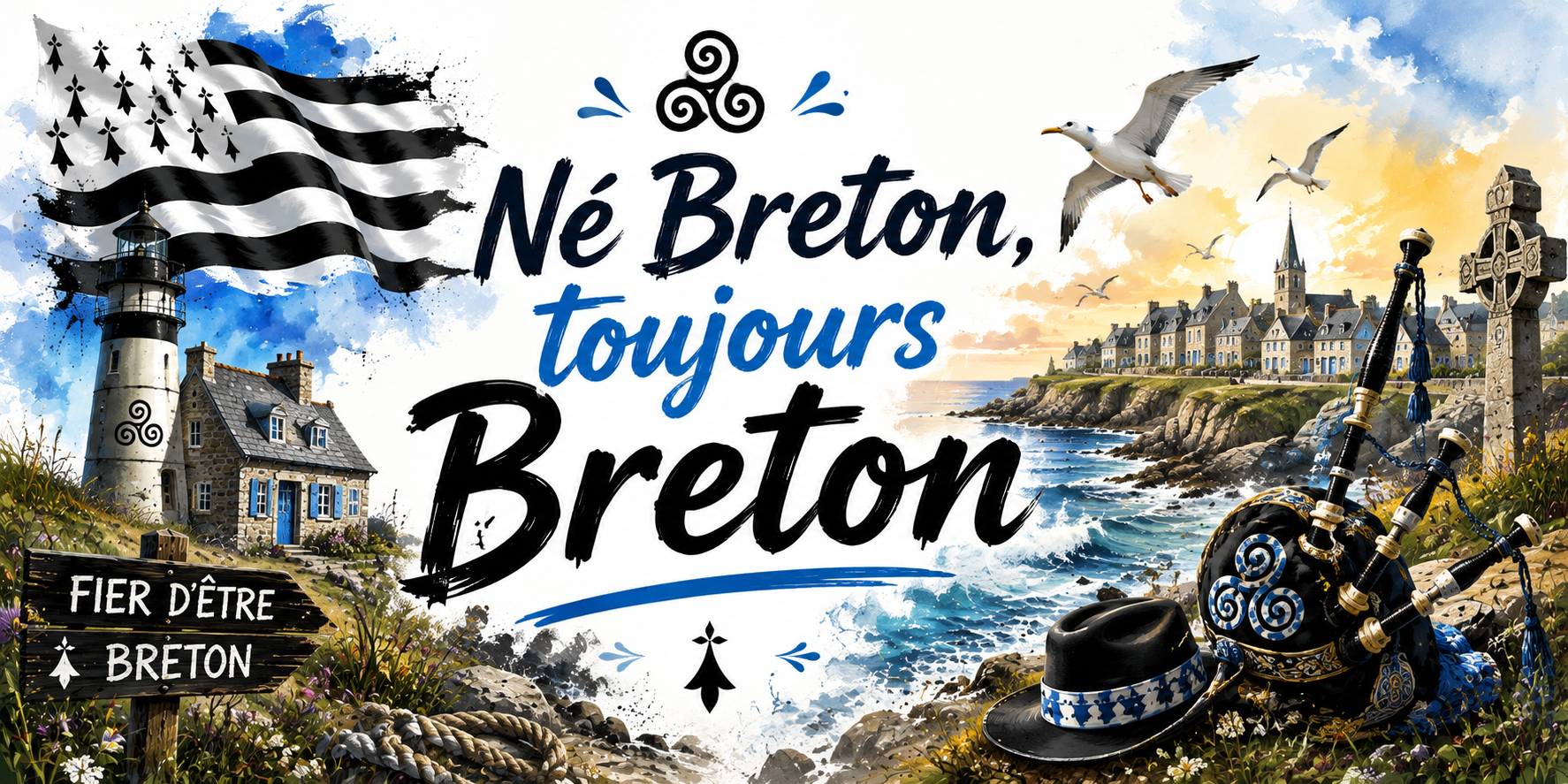 Visuel Né Breton toujours Breton : phare, côte sauvage, croix celtique, biniou et chapeau rond