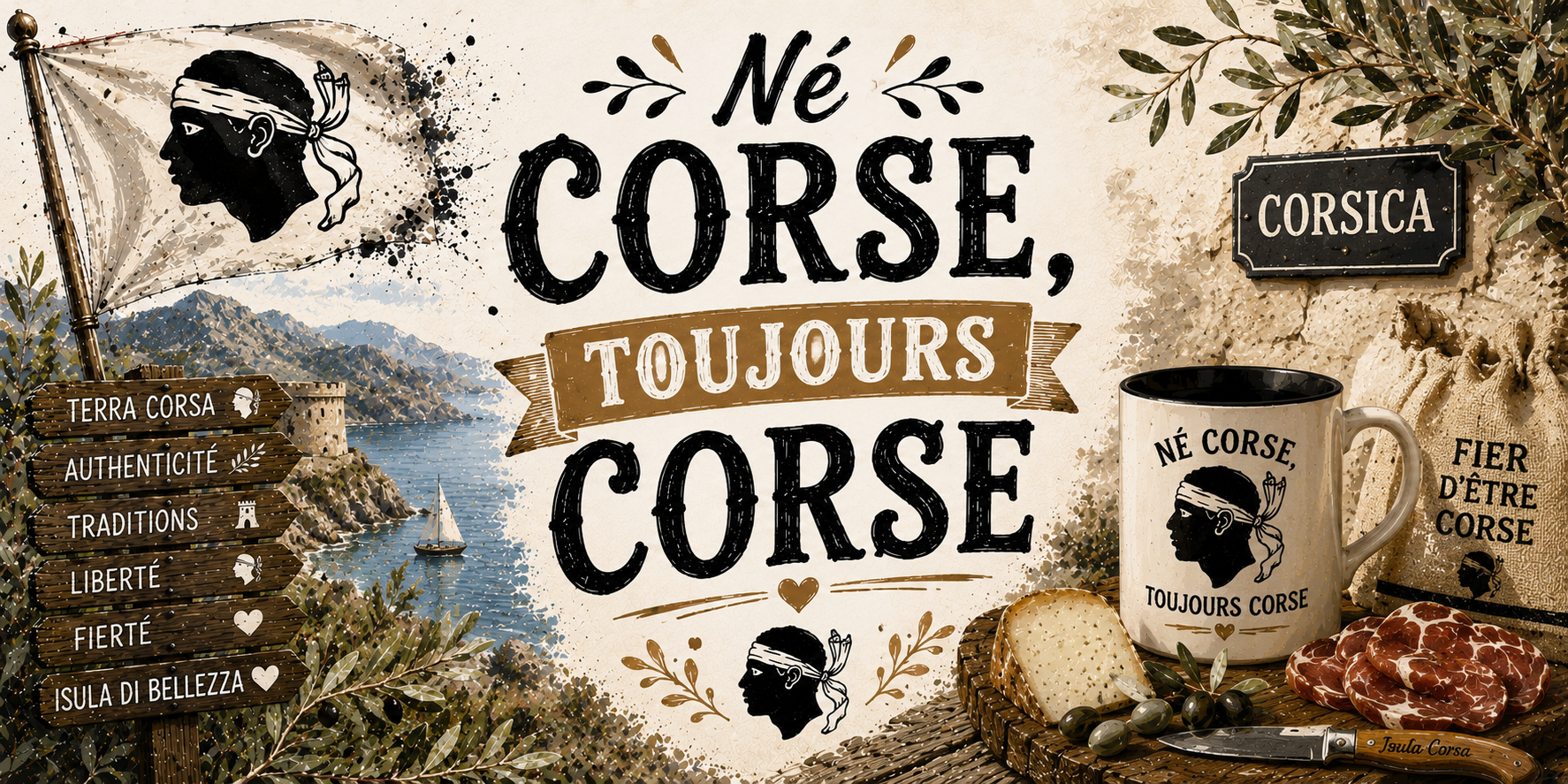 Visuel Né Corse toujours Corse : tour génoise, golfe, mug Corsica, fromage, coppa et olives