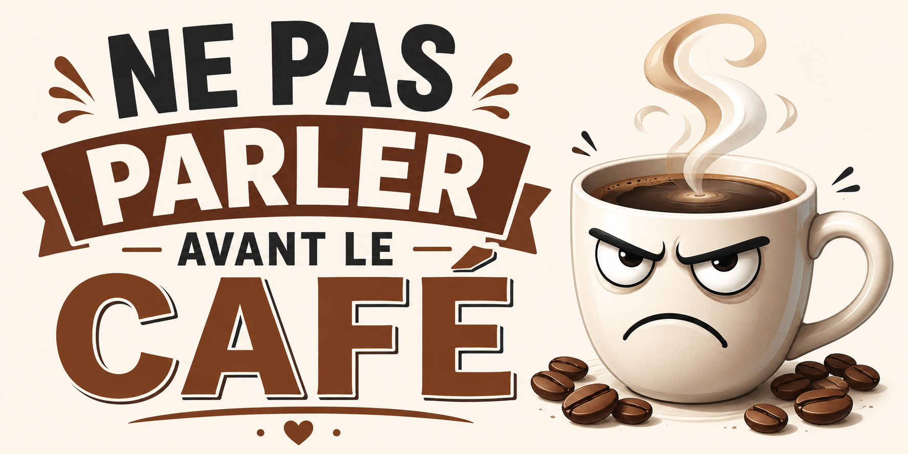 Visuel Ne pas parler avant le café : tasse au visage grognon, vapeur et grains de café torréfiés