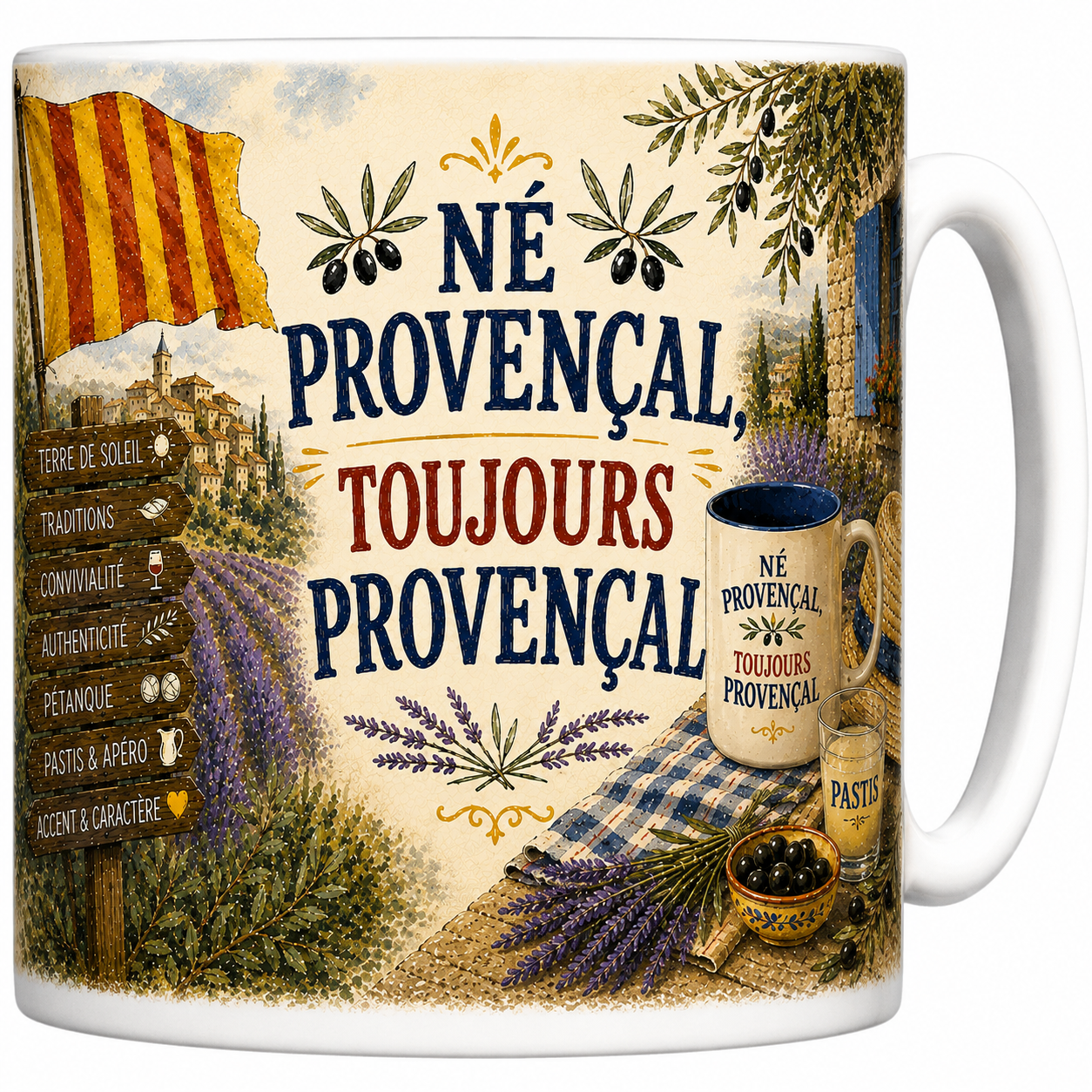 Mug Né Provençal toujours Provençal en céramique, drapeau, lavande et mas provençal