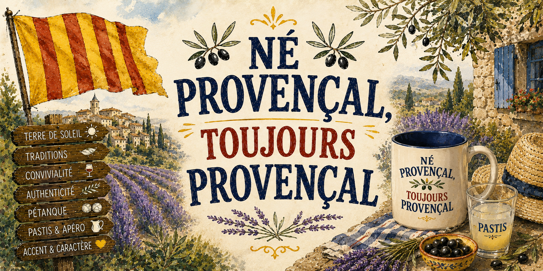 Visuel Né Provençal toujours Provençal : lavande, village perché, olives, pastis et chapeau de paille