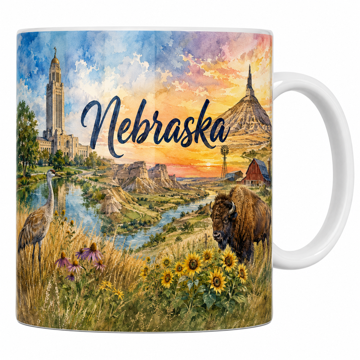 Mug blanc céramique 330 ml imprimé Nebraska avec Chimney Rock et bison