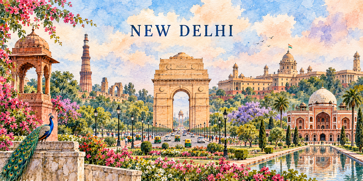Illustration aquarelle de New Delhi : un paon perché sur un muret, les jacarandas violets, le Qutb Minar, l'arche d'India Gate, le palais présidentiel et le tombeau d'Humayun