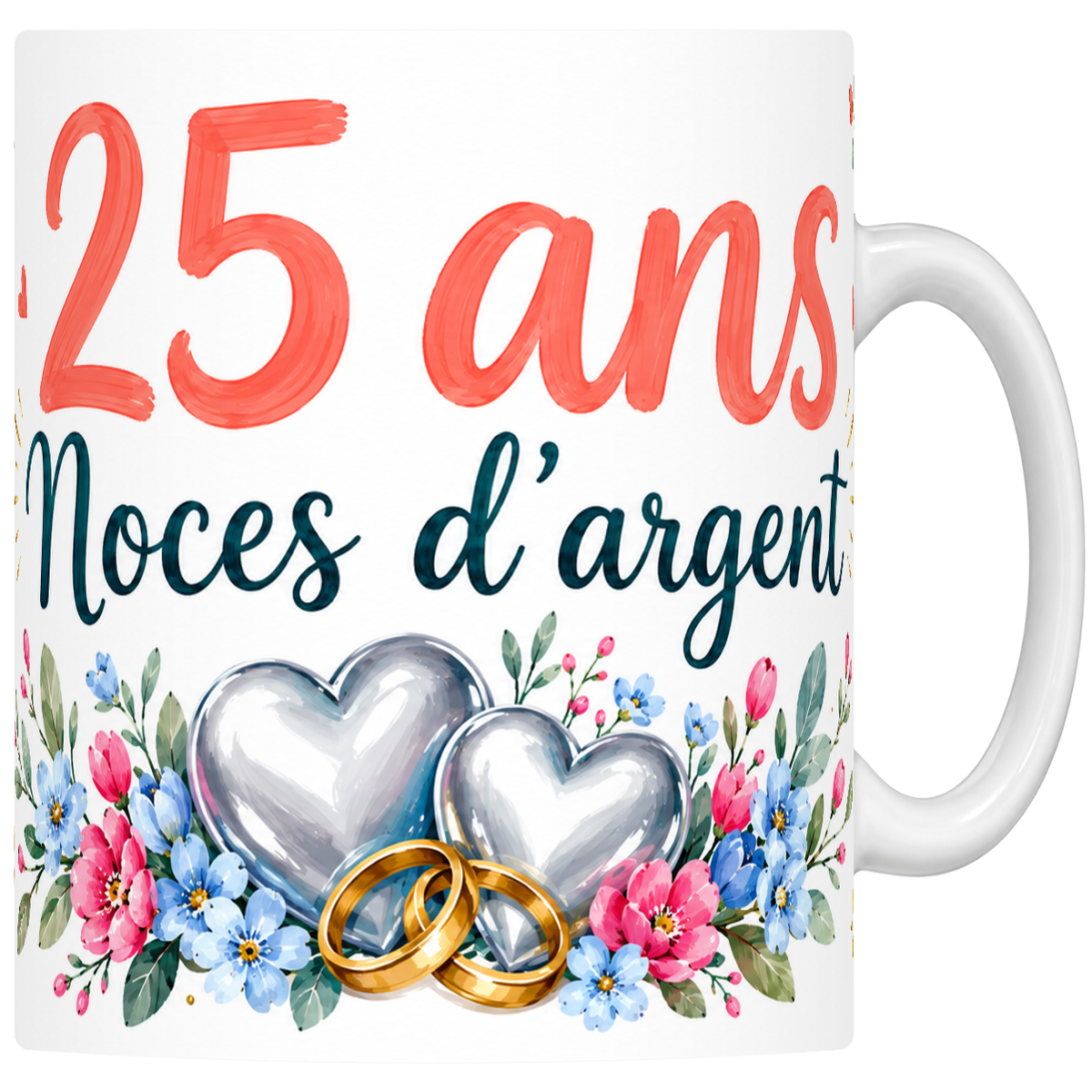 Mug céramique 330 ml Noces d'argent 25 ans : cœurs d'argent poli et alliances dorées