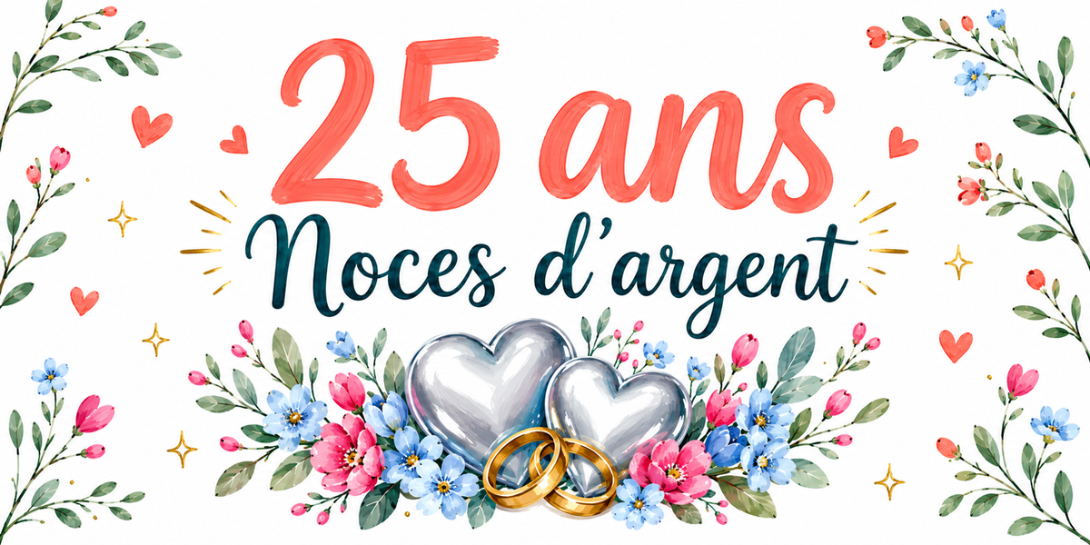 Visuel Noces d'argent : « 25 ans » en corail, cœurs d'argent poli et bouquet aquarelle