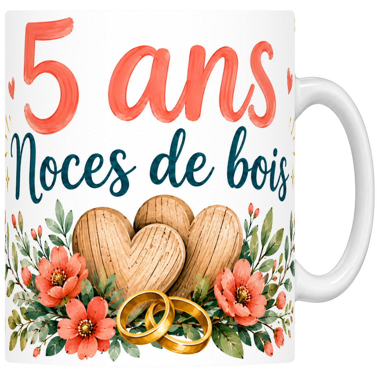 Mug céramique 330 ml Noces de bois 5 ans : cœurs de bois et alliances dorées