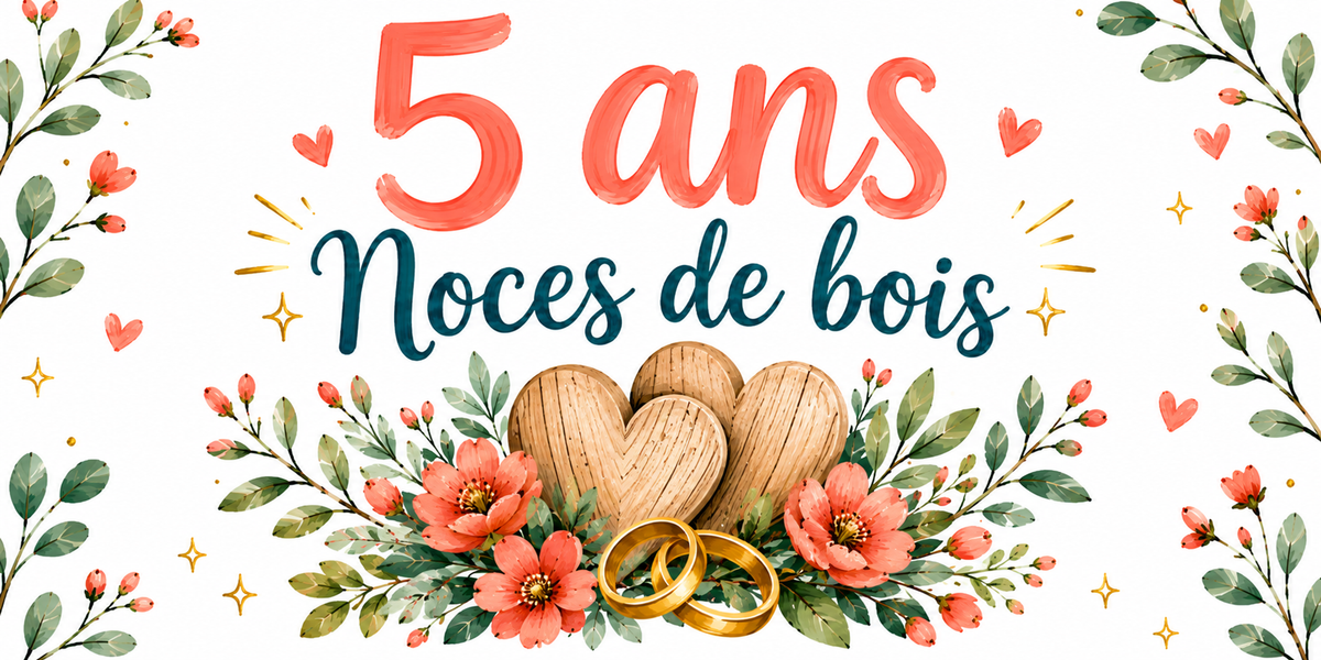 Visuel Noces de bois : « 5 ans » en corail, deux cœurs de bois et bouquet aquarelle