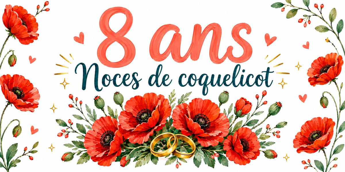 Visuel Noces de coquelicot : « 8 ans » en corail, coquelicots rouges aquarelle et alliances