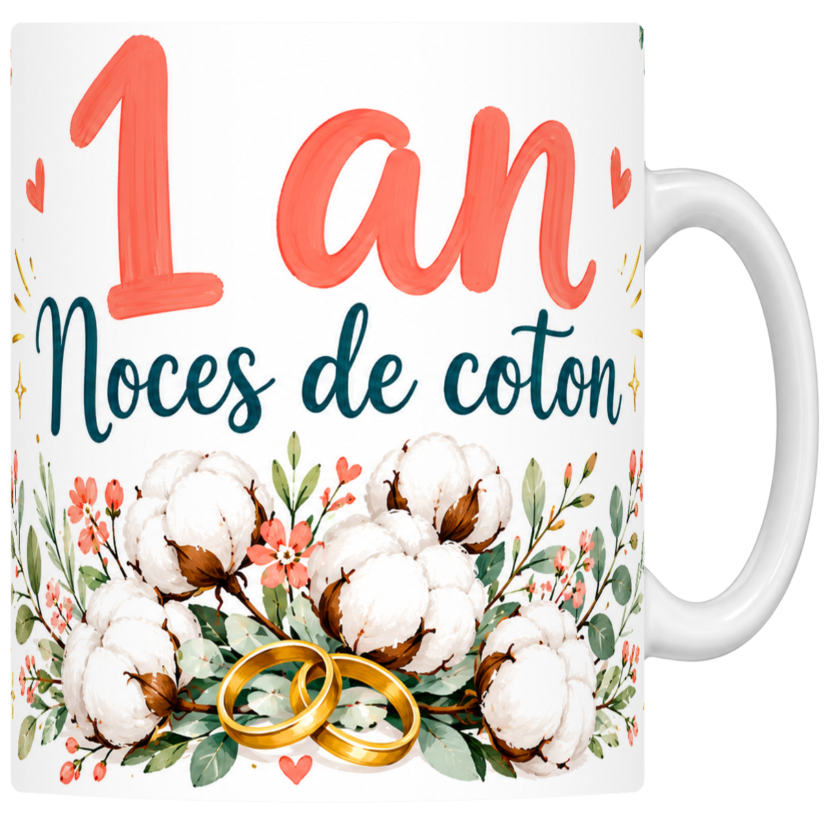 Mug céramique 330 ml Noces de coton 1 an : capsules de coton et alliances dorées
