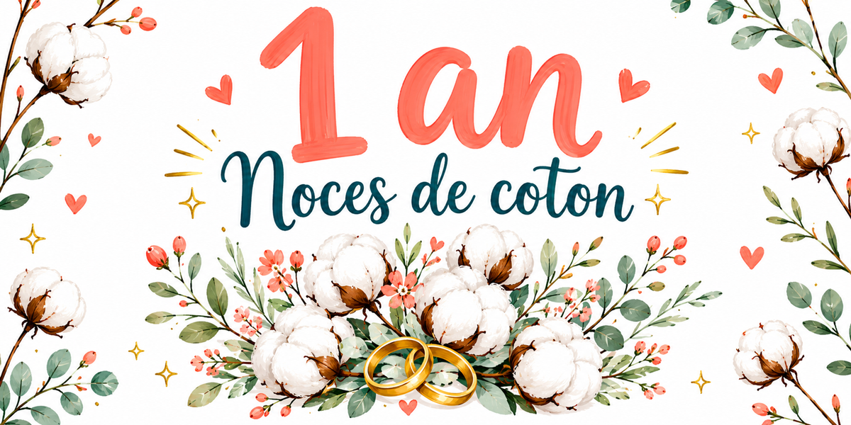 Visuel Noces de coton : « 1 an » en corail, capsules de coton aquarelle et alliances dorées