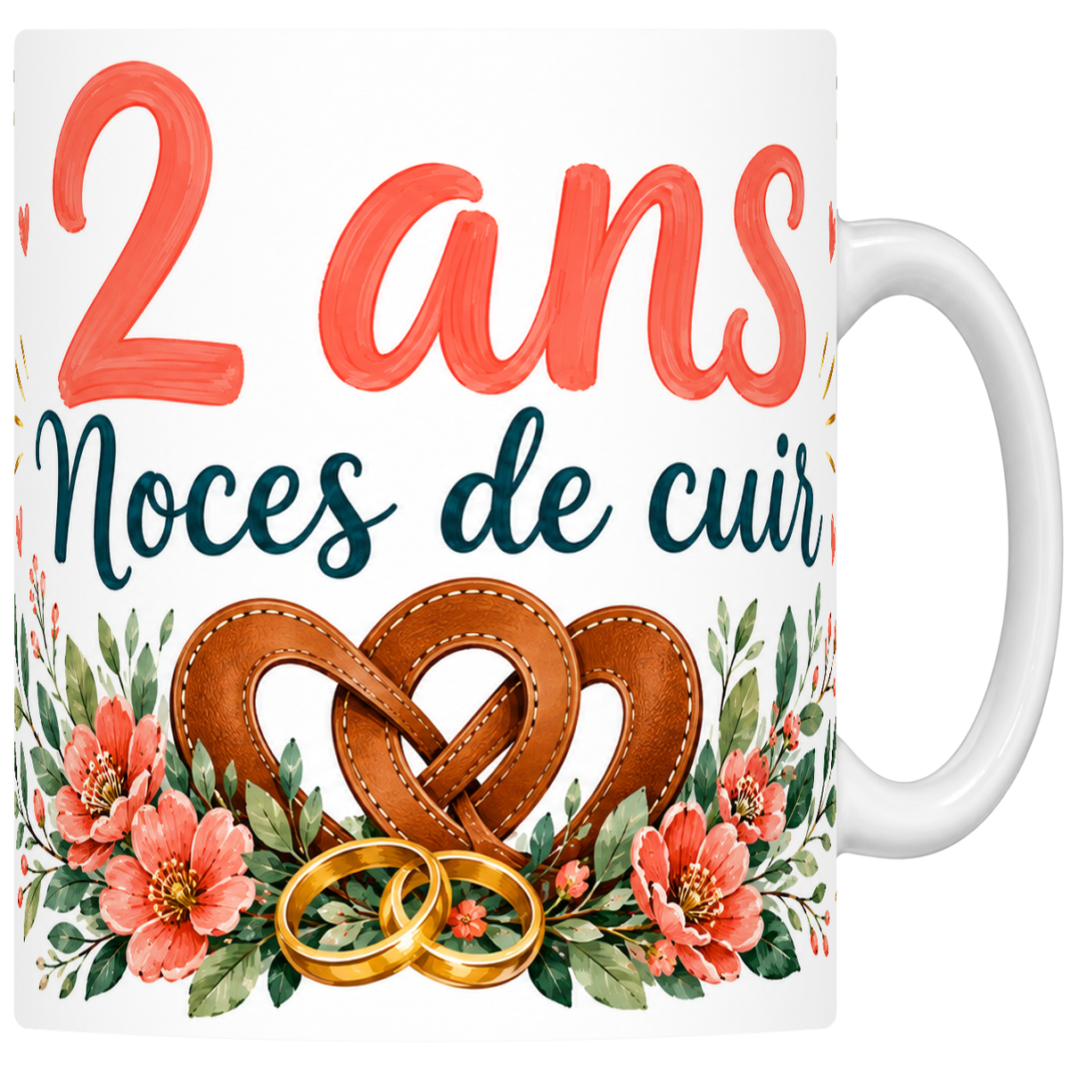 Mug céramique 330 ml Noces de cuir 2 ans : cœur de cuir tressé et alliances dorées