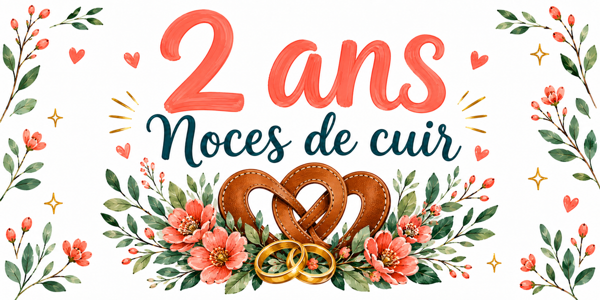 Visuel Noces de cuir : « 2 ans » en corail, cœur de cuir tressé et coquelicots aquarelle