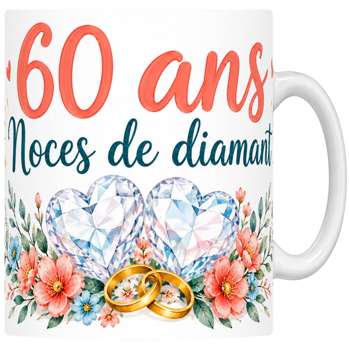 Mug céramique 330 ml Noces de diamant 60 ans : cœurs de diamant taillé et alliances