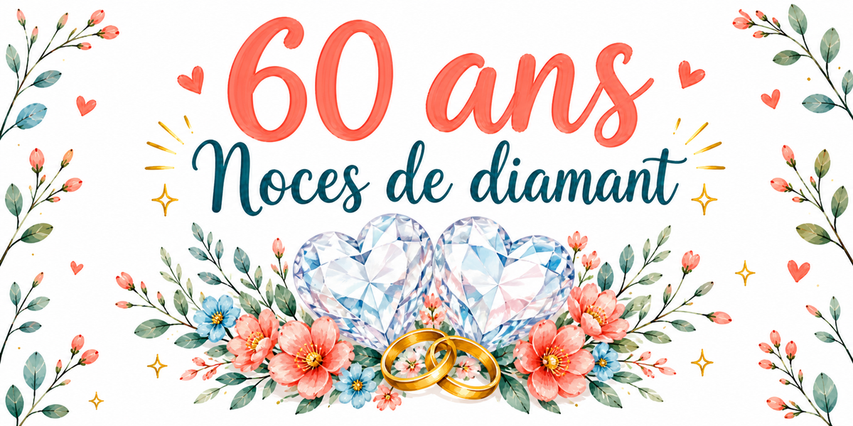 Visuel Noces de diamant : « 60 ans » en corail, cœurs de diamant taillé et bouquet