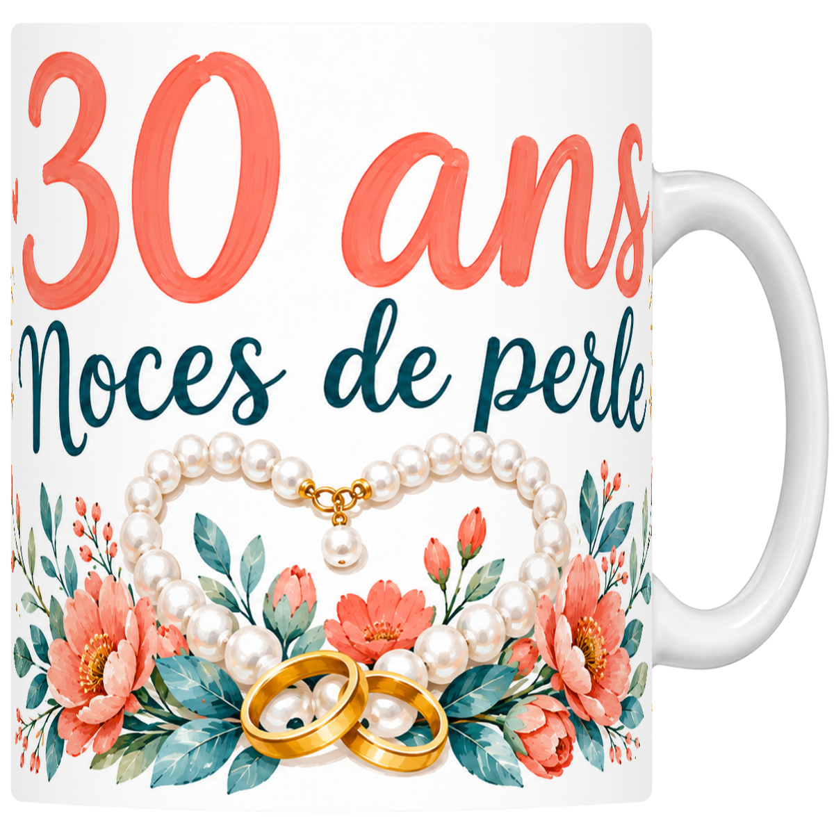 Mug céramique 330 ml Noces de perle 30 ans : collier de perles en cœur et alliances