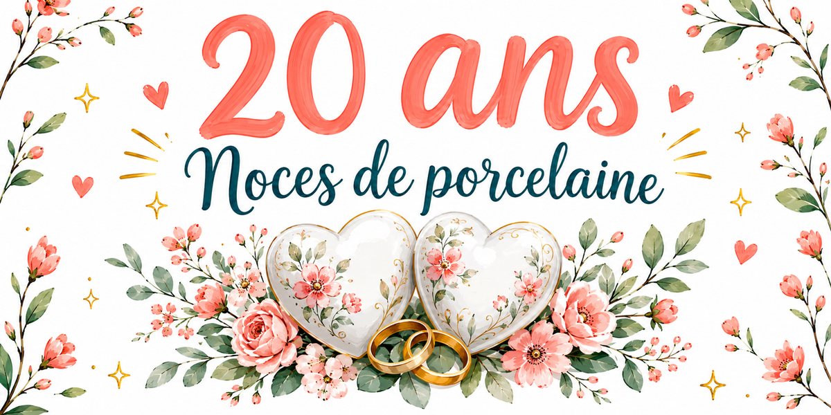 Visuel Noces de porcelaine : « 20 ans » en corail, cœurs de porcelaine à motifs et alliances