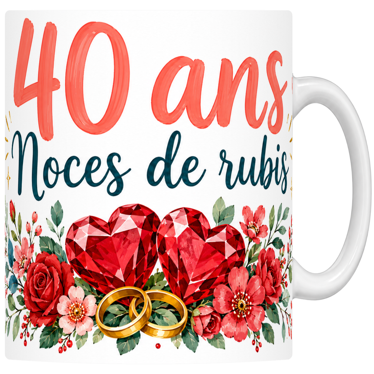 Mug céramique 330 ml Noces de rubis 40 ans : cœurs de rubis écarlate et roses rouges