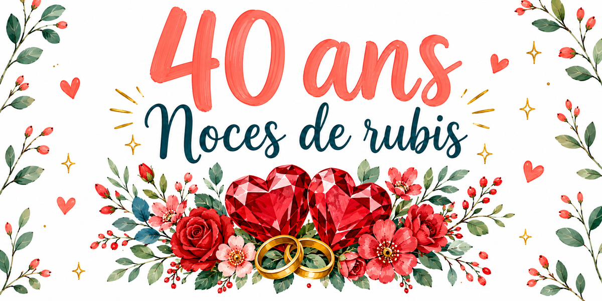 Visuel Noces de rubis : « 40 ans » en corail, cœurs de rubis et roses rouges aquarelle