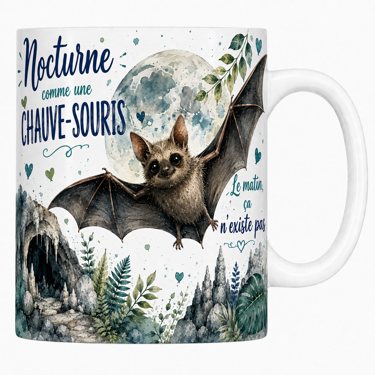Mug céramique blanc « Nocturne comme une chauve-souris », chauve-souris et pleine lune à l'aquarelle