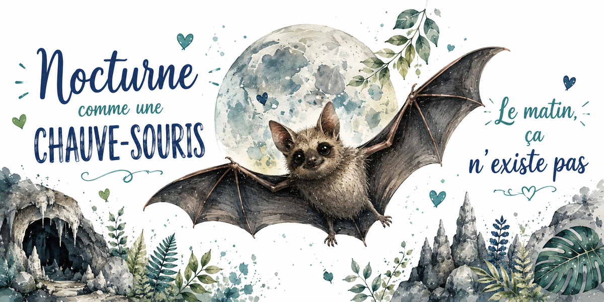 Chauve-souris devant la pleine lune à l'aquarelle : « Nocturne. Le matin, ça n'existe pas »