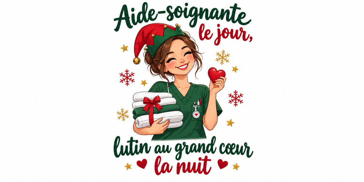 Visuel à plat du mug de Noël « Aide-soignante le jour, lutin au grand cœur la nuit », lettrage rouge et vert sapin sur fond blanc