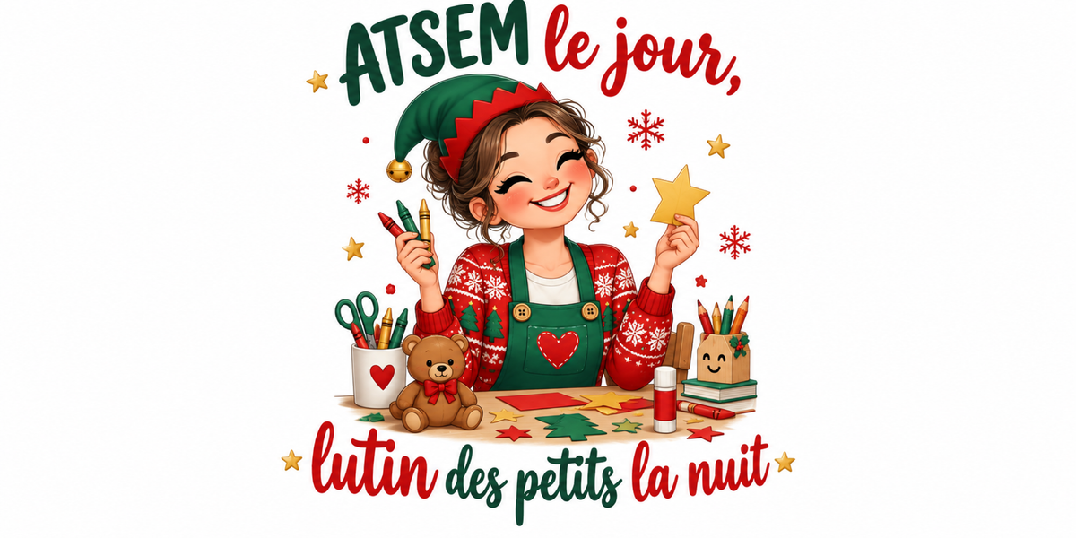 Visuel à plat du mug de Noël « ATSEM le jour, lutin des petits la nuit », lettrage rouge et vert sapin sur fond blanc