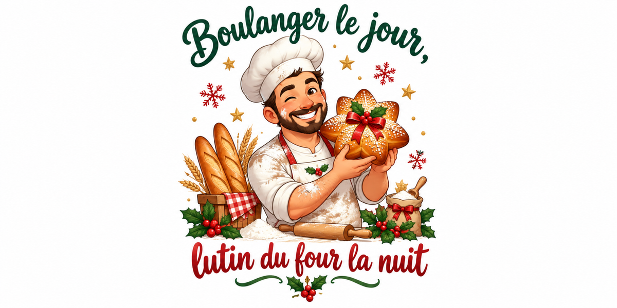 Visuel à plat du mug de Noël « Boulanger le jour, lutin du four la nuit », lettrage rouge et vert sapin sur fond blanc