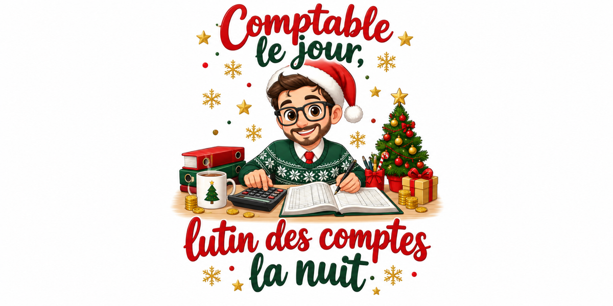 Visuel à plat du mug de Noël « Comptable le jour, lutin des comptes la nuit », lettrage rouge et vert sapin sur fond blanc