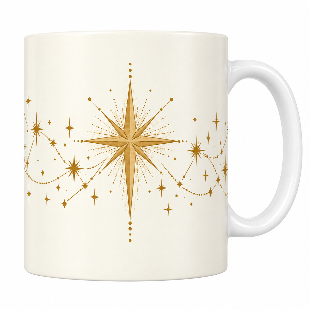 Mug blanc céramique de Noël Étoile du Berger : sur un fond crème, l'étoile du Berger rayonne au centre, reliée à de petites étoiles par de fines guirlandes de points dorés qui font le tour du mug