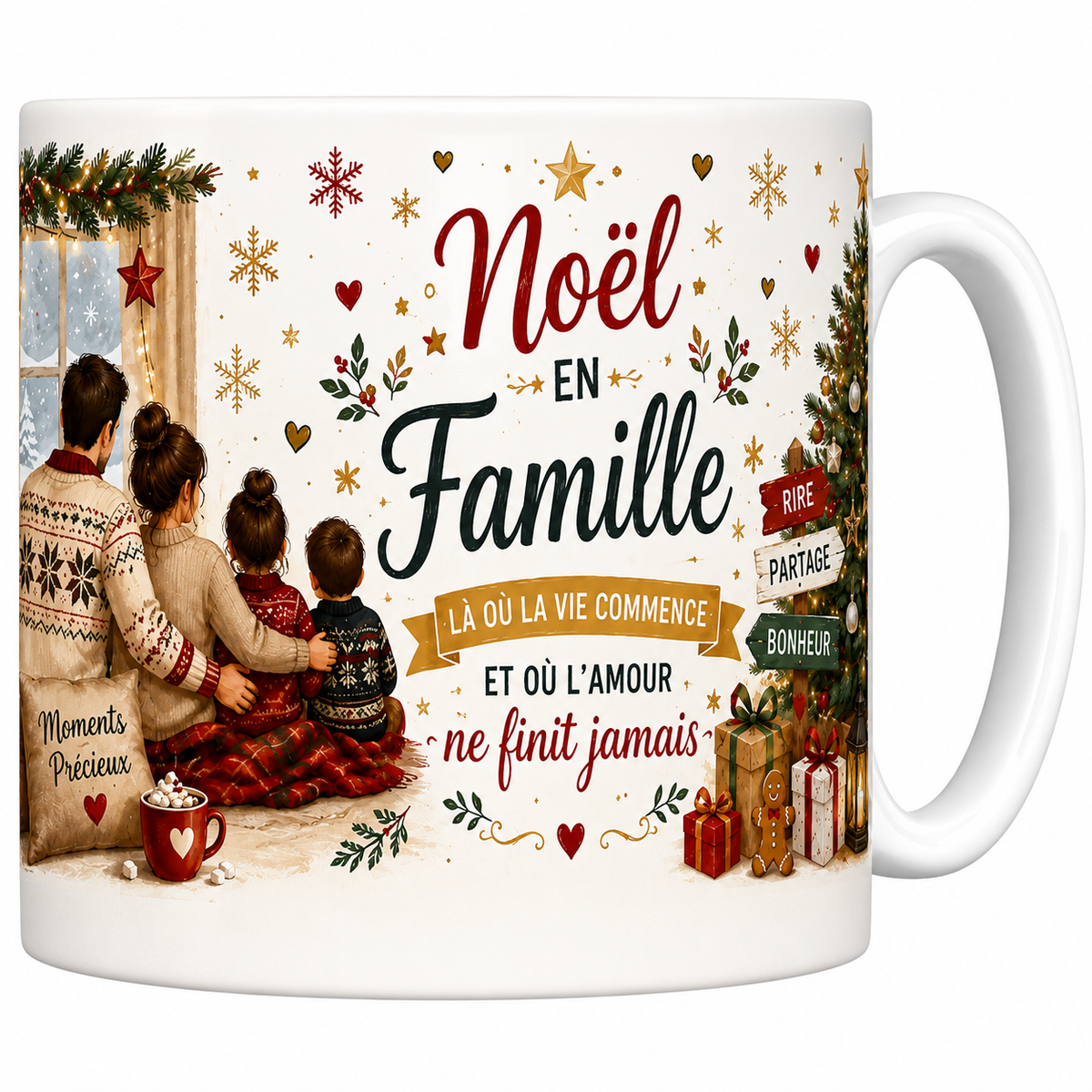 Mug céramique blanc Noël en Famille : « Là où la vie commence et où l'amour ne finit jamais »