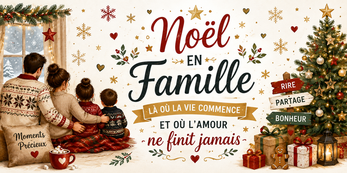 Design du mug Noël en Famille : famille devant le sapin, coussin Moments Précieux, panneaux Rire, Partage, Bonheur
