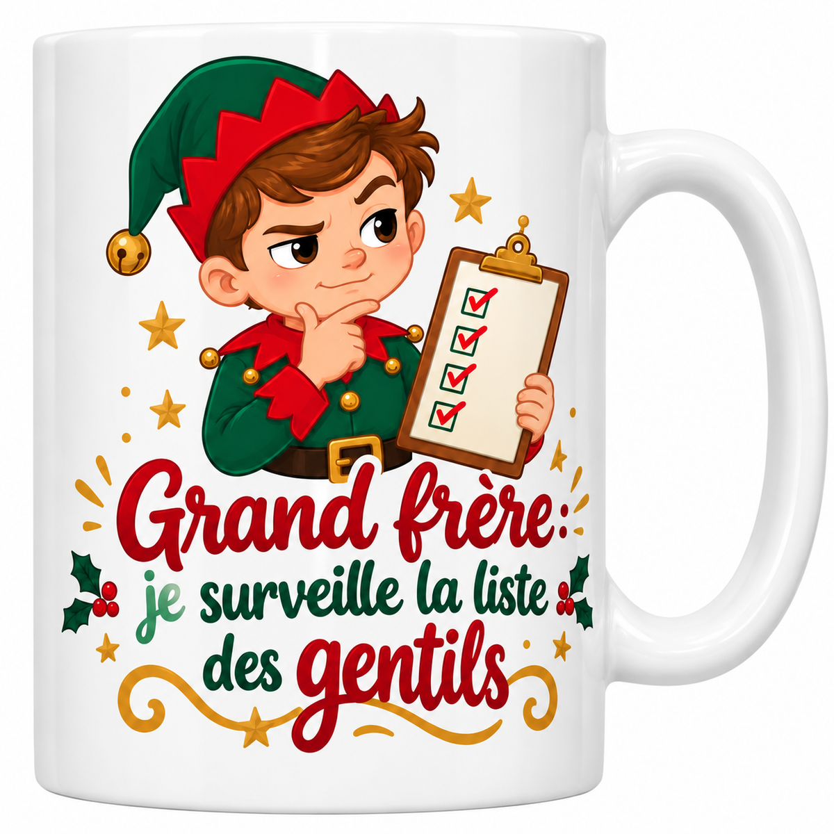 Mug blanc céramique de Noël Grand Frère : un grand frère en bonnet de lutin, l'air soupçonneux, vérifie une liste cochée sur son porte-bloc