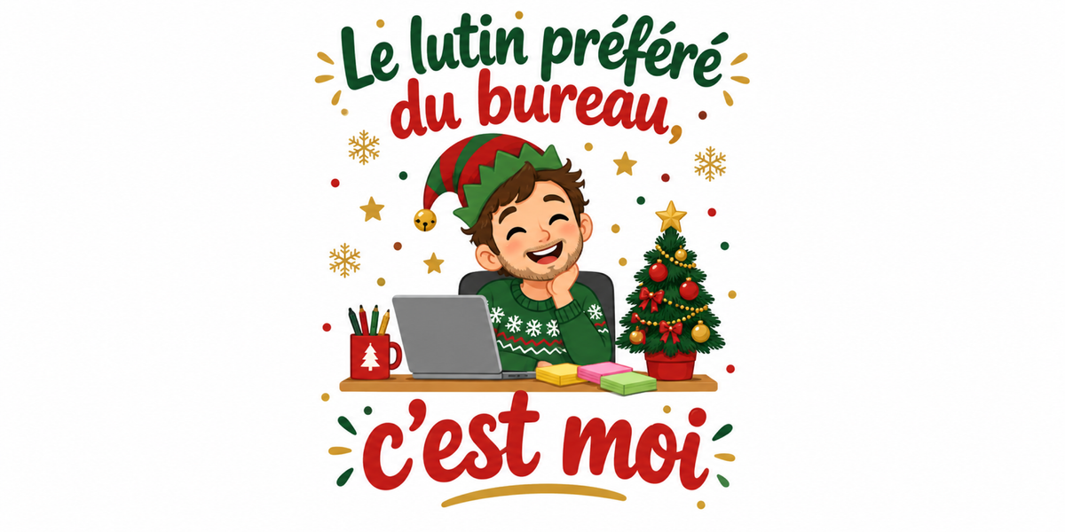Visuel à plat du mug de Noël « Le lutin préféré du bureau, c'est moi », lettrage rouge et vert sapin sur fond blanc