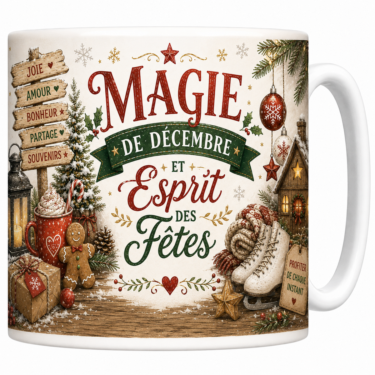 Mug céramique blanc Magie de Décembre « et esprit des fêtes » : patins, lanterne et chocolat chaud