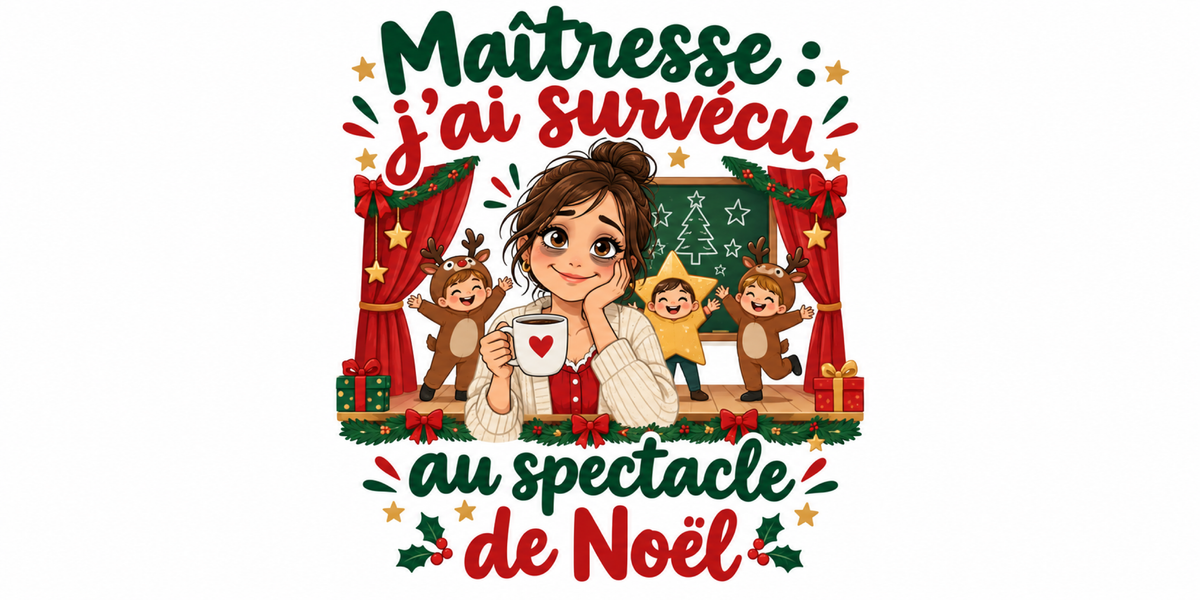 Visuel à plat du mug de Noël « Maîtresse : j'ai survécu au spectacle de Noël », lettrage rouge et vert sapin sur fond blanc