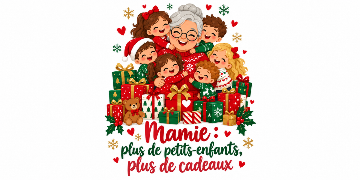 Visuel à plat du mug de Noël Mamie Cadeaux