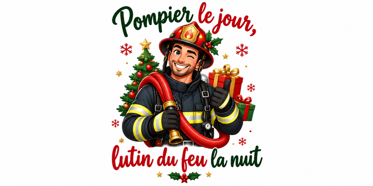 Visuel à plat du mug de Noël « Pompier le jour, lutin du feu la nuit », lettrage rouge et vert sapin sur fond blanc