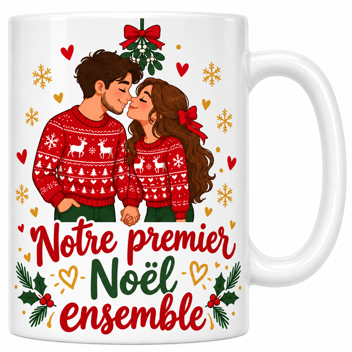 Mug blanc céramique de Noël Premier Noël Ensemble : un couple en pulls de Noël assortis s'embrasse sous une branche de gui, entouré de cœurs, de flocons et de houx