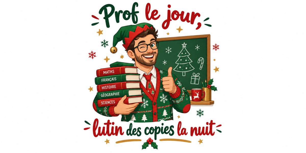 Visuel à plat du mug de Noël « Prof le jour, lutin des copies la nuit », lettrage rouge et vert sapin sur fond blanc