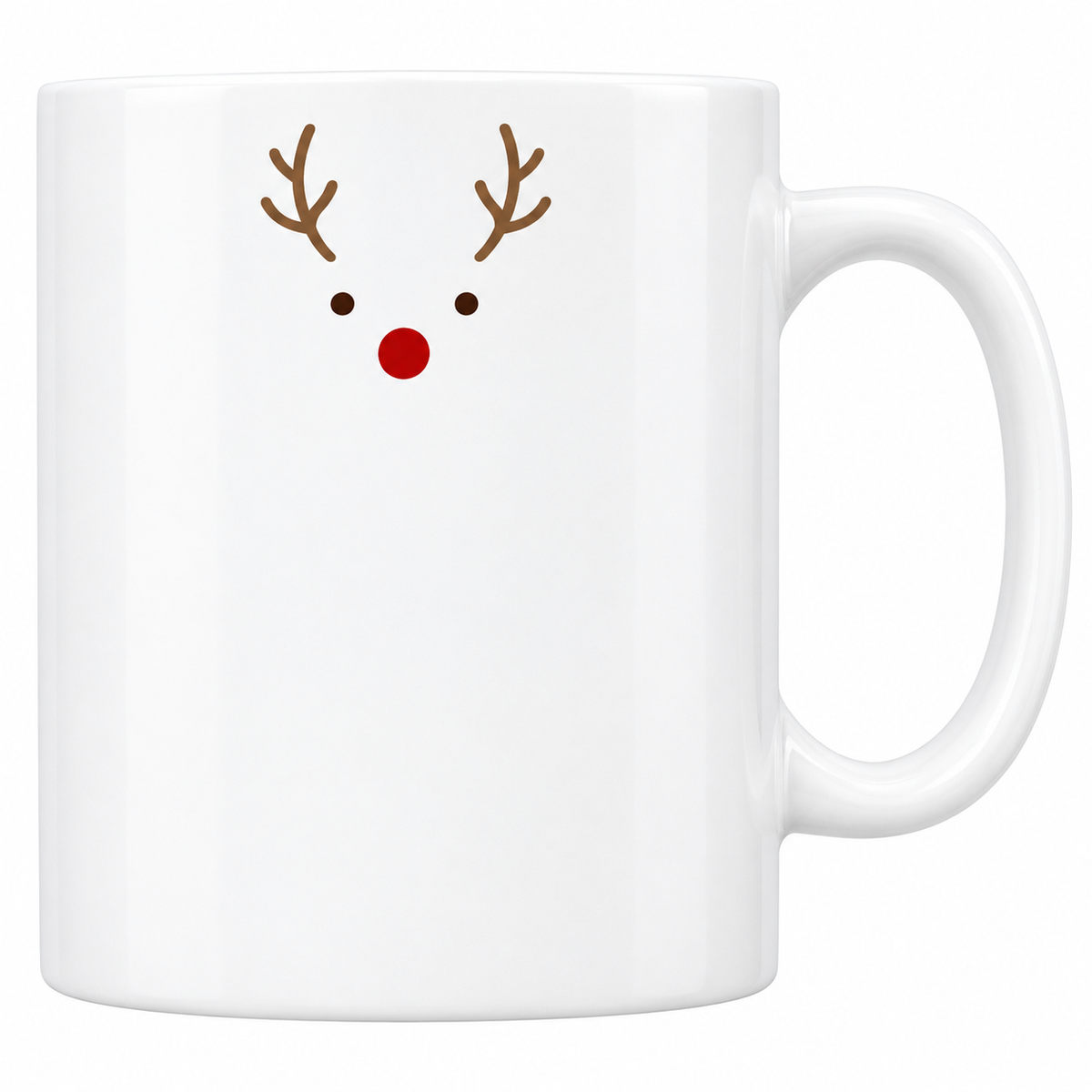 Mug blanc céramique de Noël Renne Minimaliste : un renne tout simple, dessiné en quelques traits en haut du mug : des bois bruns, deux points pour les yeux et un nez rouge bien rond