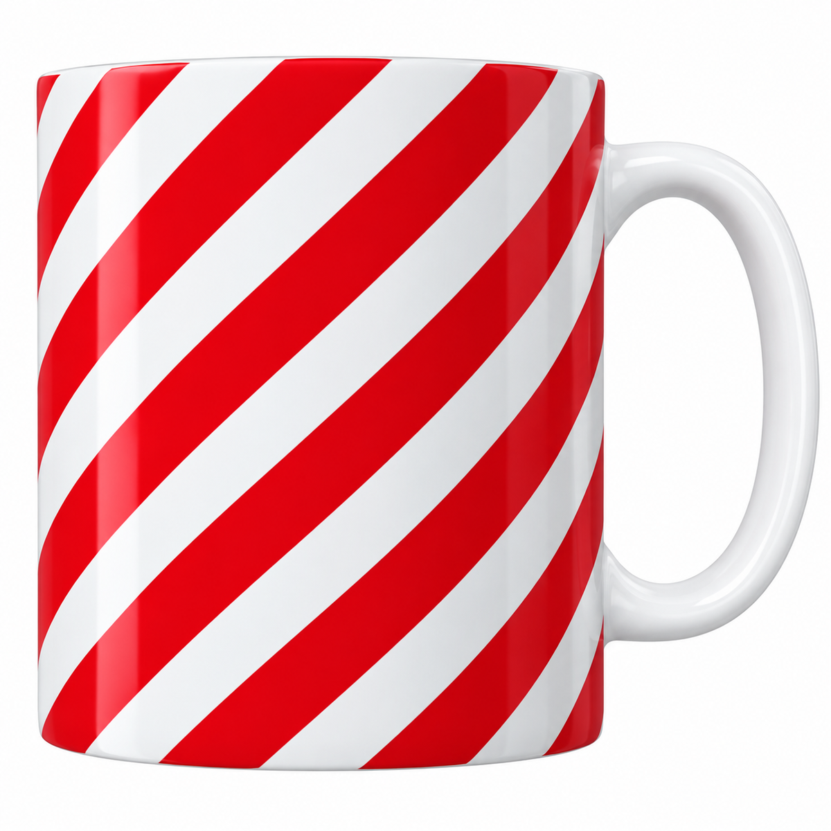 Mug blanc céramique de Noël Rayures Sucre d'Orge : de larges rayures diagonales rouges et blanches font tout le tour du mug, comme un sucre d'orge géant