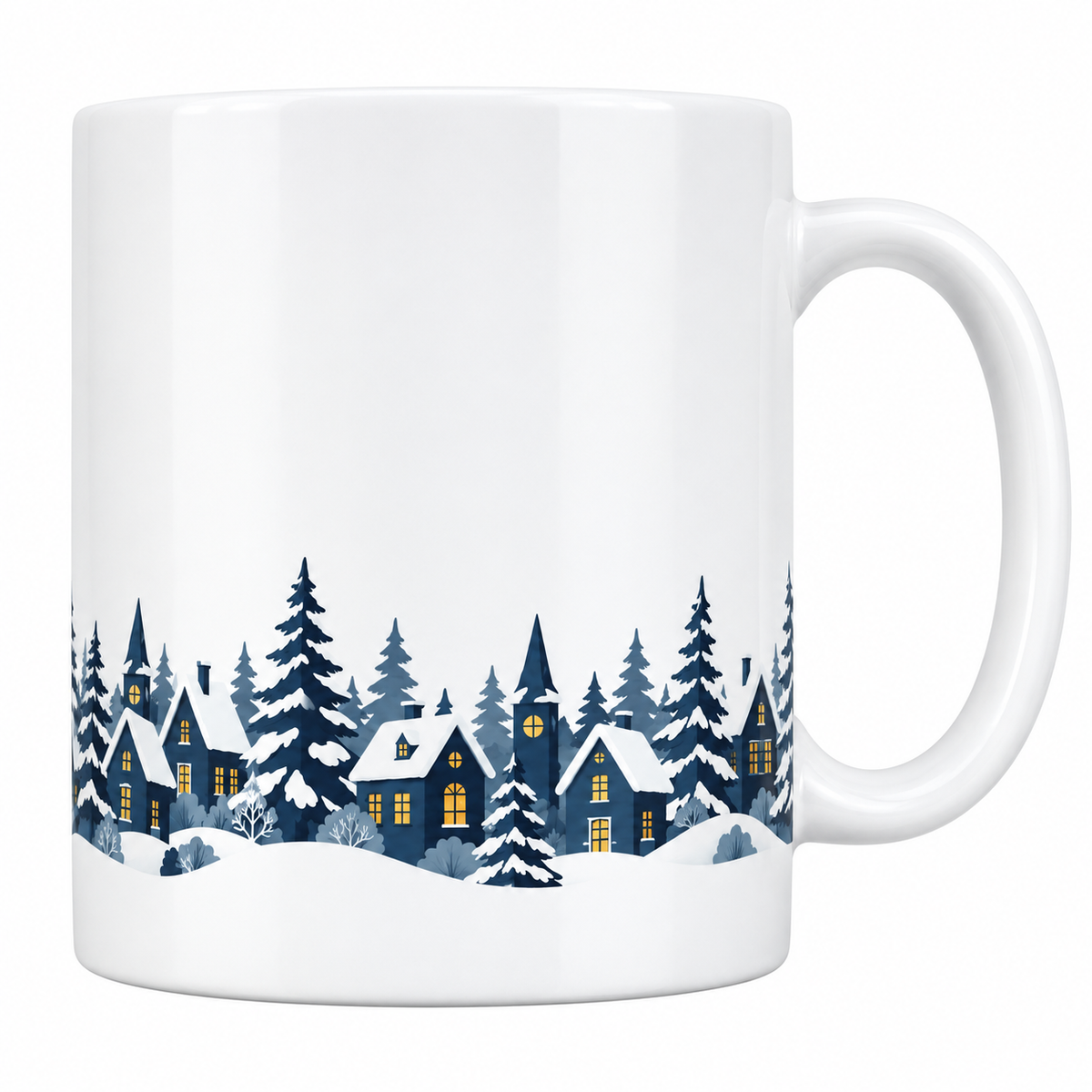 Mug blanc céramique de Noël Village Enneigé : une frise de maisons et de sapins bleu nuit, toits enneigés et fenêtres allumées, court tout autour du bas du mug, sous un grand ciel blanc